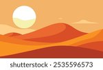 Desert dunes vector illustration showcasing serene sand dunes under a warm sky. Ideal for travel, nature, and landscape themes.For backgrounds, posters, and branding. Isolated, vector art, sunset.