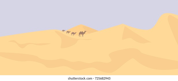 Desert dunes vector landscape background. Caravan of camels.