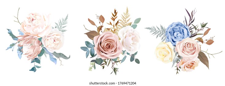 Desert dusty brown and yellow rose, beige peony, pastel pink protea, blue ranunculus, fern, dry plants, eucalyptus vector design bouquets. Elegant wedding bunches of flowers. Isolated and editable.