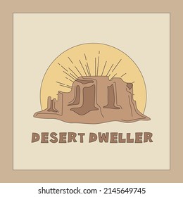 Desert Dweller boho design card. Vector square banner template with mountain, sunset, and sunbeams. Desert aesthetic in earthy tones.