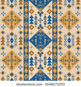 Desert echoes in indigo and sand, bold tribal-inspired design features angular blue and gold patterns on a beige backdrop.