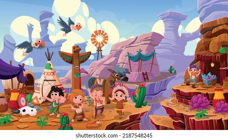 desert ecosystem illustration, american indian tribal activities with various animals