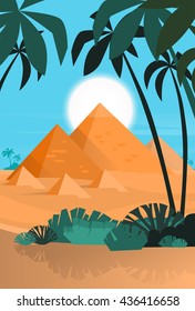 Desert Egypt Pyramids Sunset Flat Vector Illustration