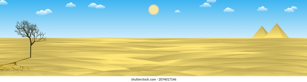 Desert Egyptian landscape. Dry tree in the middle of the desert against the background of the pyramids, the sky with the sun and clouds. Template for your projects. Vector.