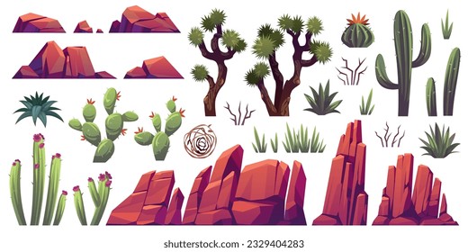 Elementos del desierto. Piedras de dibujos animados de diferentes formas, plantas de zonas áridas, suculentos, cactus y algas tumbadas, rocas de cañón, objetos de paisaje exótico, acantilados sólidos, árboles desnudos y vectores