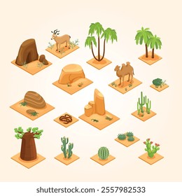 Desert elements isometric set with baobab palms cactuses succulents flora snake camel sandstones sand isolated vector illustration