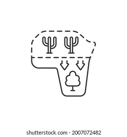 Desert expansion linear icon. Desertification process. High evaporation. Land degradation. Thin line customizable illustration. Contour symbol. Vector isolated outline drawing. Editable stroke