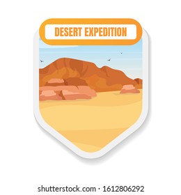 Desert expedition flat color vector badge. Arabic landscape. African dunes exploration. Journey, trip. Egypt wilderness tourism graphic sticker. Expedition isolated cartoon design element