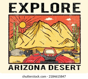 Exploración del desierto por medio del diseño de camisetas vectoriales de bicicleta desierta. Obra gráfica impresa en el desierto de Arizona para prendas de vestir, pegatinas, afiches, papel pintado y otros.