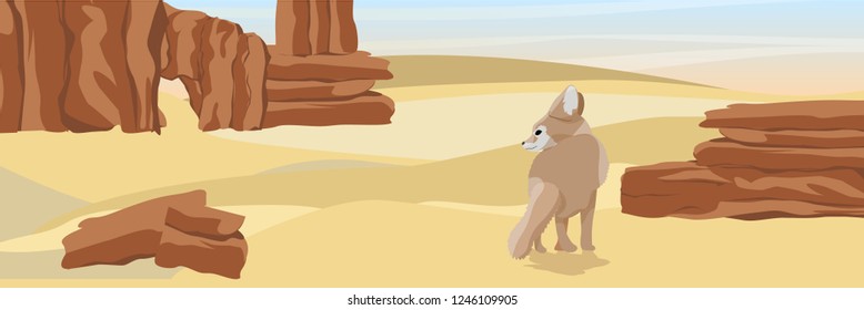 Desert fennec fox in the desert. Wildlife of North Africa. Desert with stone rocks and yellow sand. Landscapes of Africa and Australia. Sahara. Realistic Vector Landscape