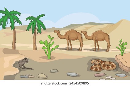 A desert field with palm trees, cactus, snakes, squirrel and two camels