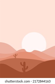 desert flat landscape vector illustration. Sunset Desert and Cactus Landscape illustration.mountains and cactus in flat cartoon style.