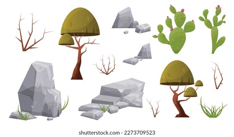 Desert flora collection with mountain rocks, plants, cactuses, trees, bushes and grass. Wild desert elements in cartoon style isolated on white