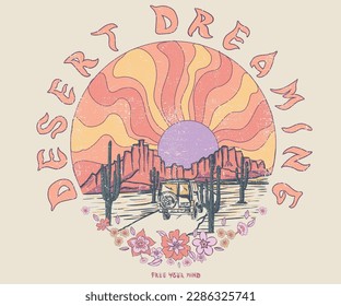 Desert flower graphic print artwork for apparel, t shirt, sticker, poster, wallpaper and others. Desert Vibes, feel the sunset, Mountain graphic print. cactus tree. Desert dreaming. Colorful sunshine.