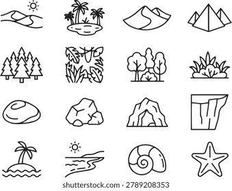 Desert Forest And Beach Biomes Icon Set
