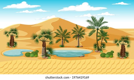 Desert forest landscape at day time scene with oasis illustration