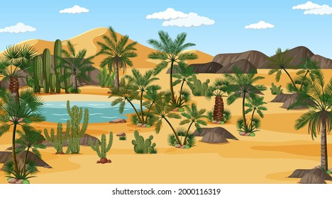Desert forest landscape at day time scene with oasis illustration