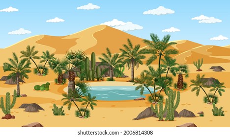 Desert forest landscape at day time scene with oasis illustration