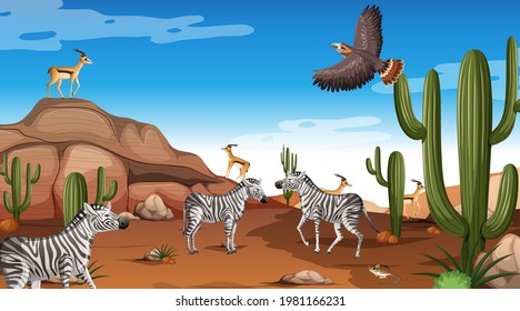Paisaje forestal del desierto en la escena diurna con ilustración de animales salvajes