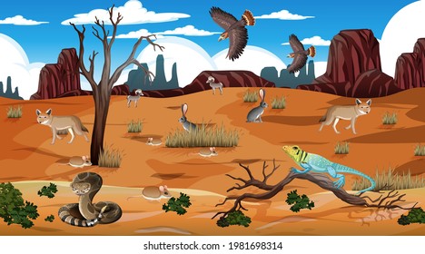 Desert forest landscape at daytime scene with willd animals illustration