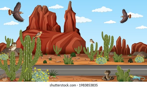 Desert forest landscape at daytime scene with desert animals and plants illustration