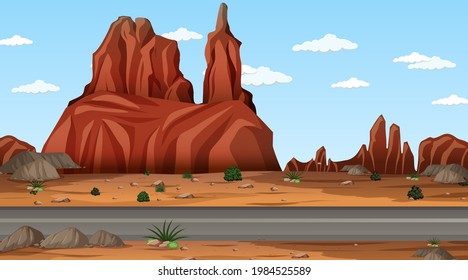 Desert forest landscape at daytime scene with long road illustration