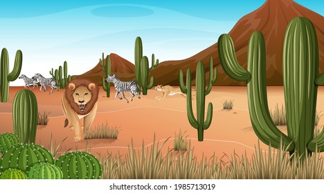 Desert forest landscape at daytime scene with many cactuses illustration