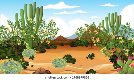 Desert forest landscape at daytime scene with many cactuses illustration