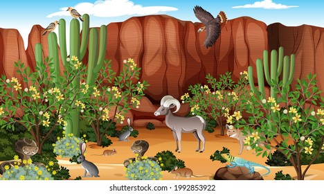 Desert forest landscape at daytime scene with willd animals illustration