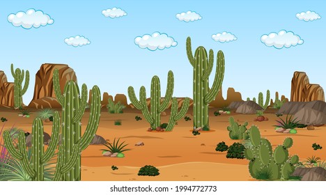 Paisaje forestal del desierto en la escena diurna con muchas ilustraciones de cactús