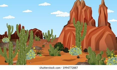 Desert forest landscape at daytime scene with many cactuses illustration