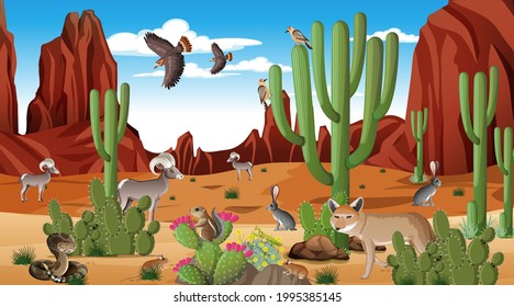 Desert forest landscape at daytime scene with willd animals illustration