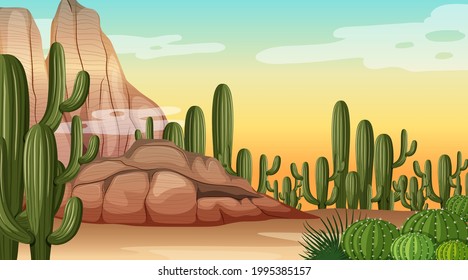 Desert forest landscape at daytime scene with many cactuses illustration