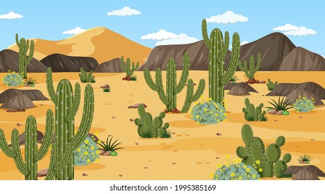 Desert forest landscape at daytime scene with many cactuses illustration
