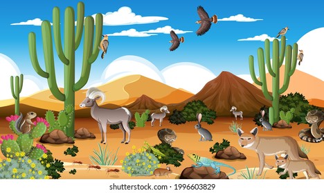 Paisaje forestal del desierto en la escena diurna con ilustración de animales salvajes