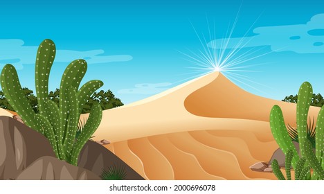 Desert forest landscape at daytime scene with many cactuses illustration