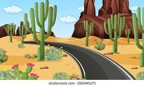 Desert forest landscape at daytime scene with long road illustration
