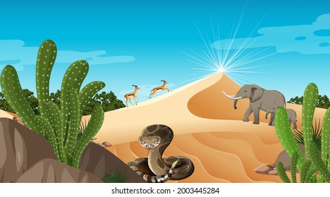 Paisaje forestal del desierto en la escena diurna con muchas ilustraciones de cactús