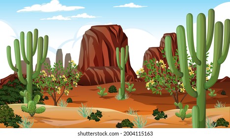 Desert forest landscape at daytime scene with many cactuses illustration