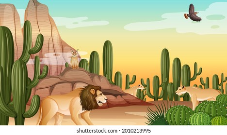 Desert forest landscape at daytime scene with willd animals illustration