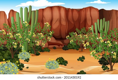 Desert forest landscape at daytime scene with many cactuses illustration