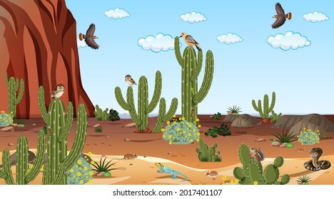 Desert forest landscape at daytime scene with desert animals and plants illustration