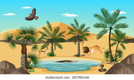 Desert forest landscape at daytime scene with willd animals illustration