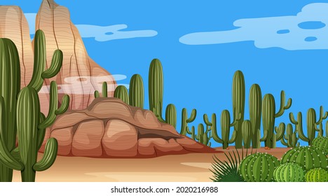 Desert forest landscape at daytime scene with various desert plants illustration