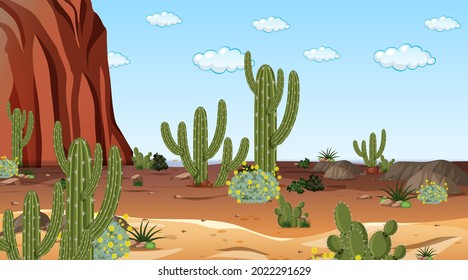 Desert forest landscape at daytime scene with many cactuses illustration