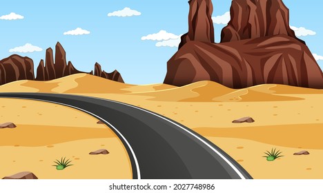 Paisaje forestal del desierto en la escena diurna con una larga ilustración de carreteras