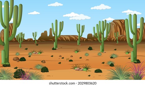 Desert forest landscape at daytime scene with many cactuses illustration
