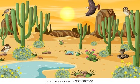 Desert forest landscape at daytime scene with desert animals and plants illustration