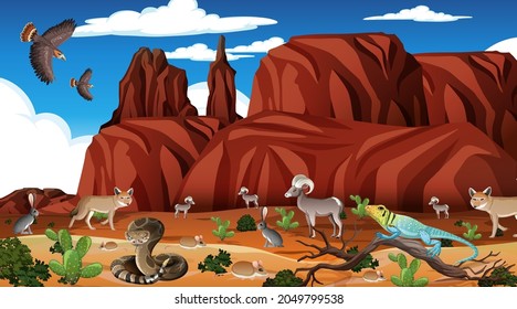 Desert forest landscape at daytime scene with willd animals illustration