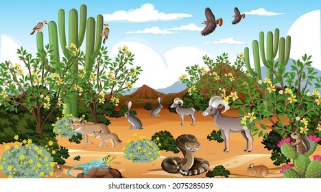 Desert forest landscape at daytime scene with willd animals illustration